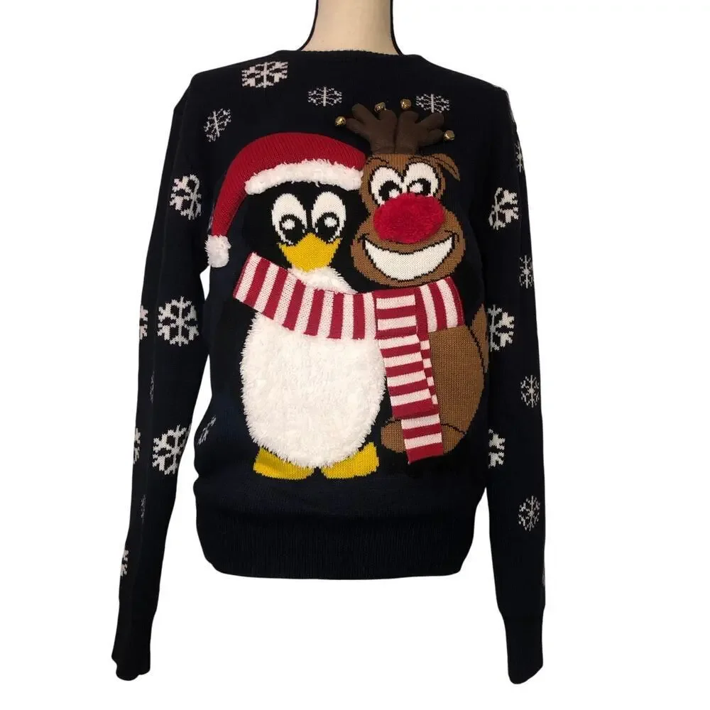 Christmas Sweater Penguin Reindeer Snowflakes Size M Mens Blue Jumper Textured